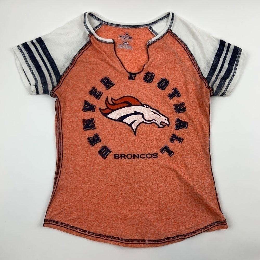 Majestic Fan Fashion T Shirt Womens Medium V Neck Short Sleeve Orange Blue
